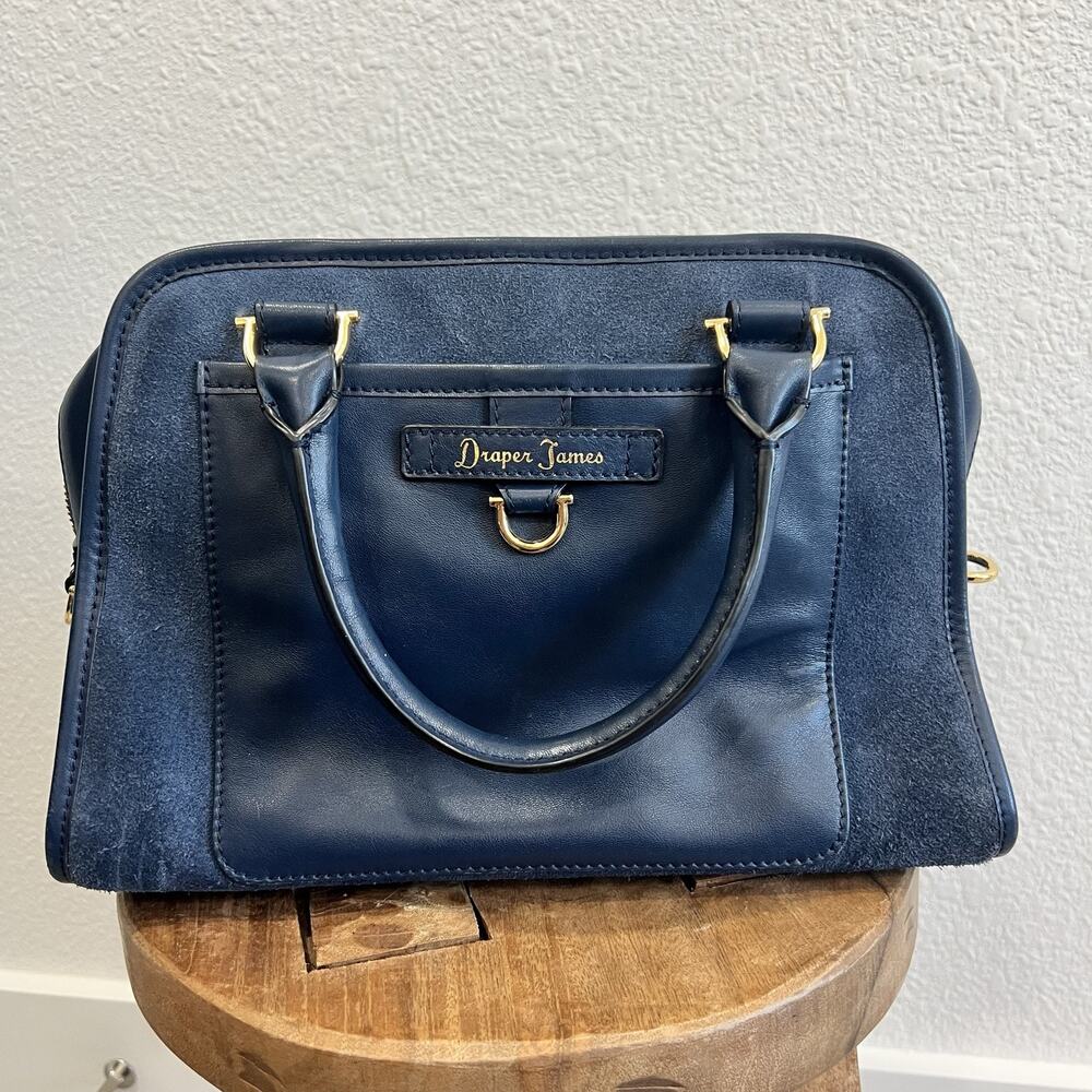 Draper James Navy Leather Suede Satchel Bag Gold Hardware, RARE Purse